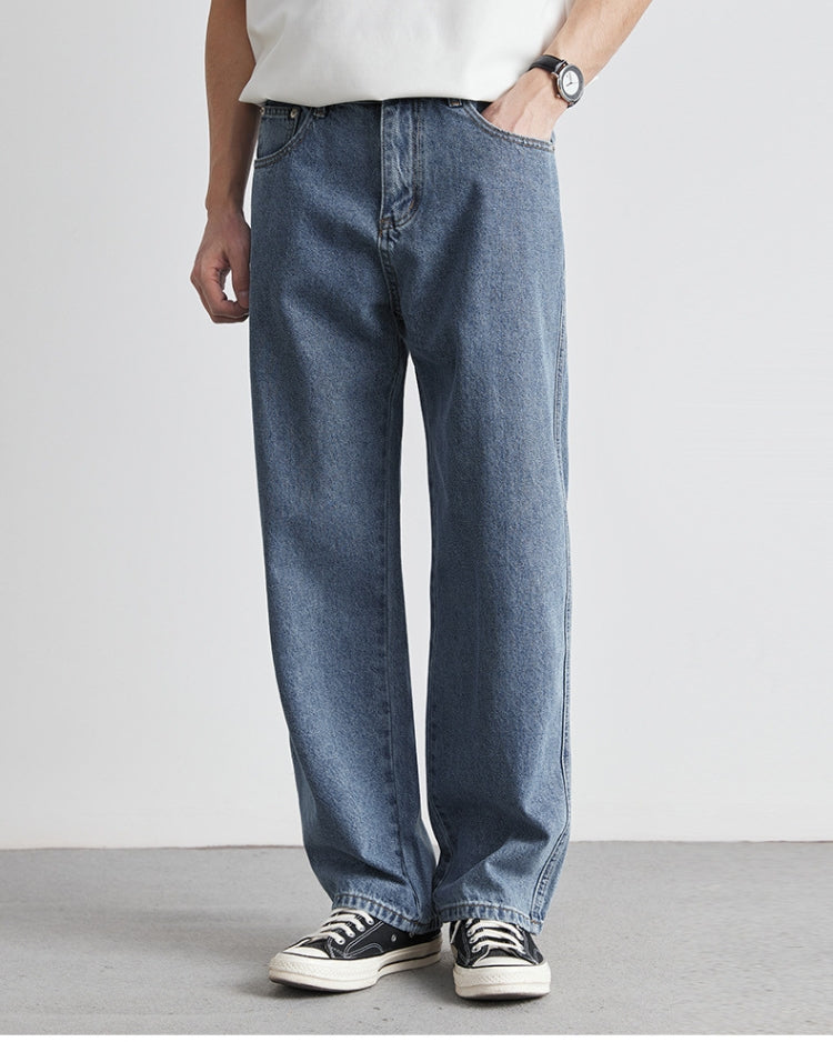 Tvättade indigofärgade klassiska raka denimjeans