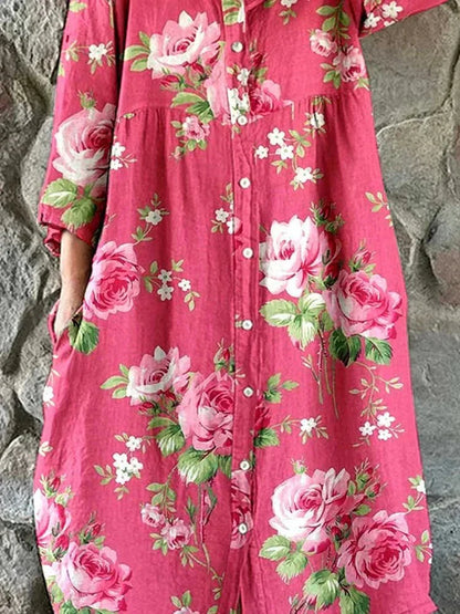 Maddie Art Floral Klänning 100% Bomull V-Hals Rosa